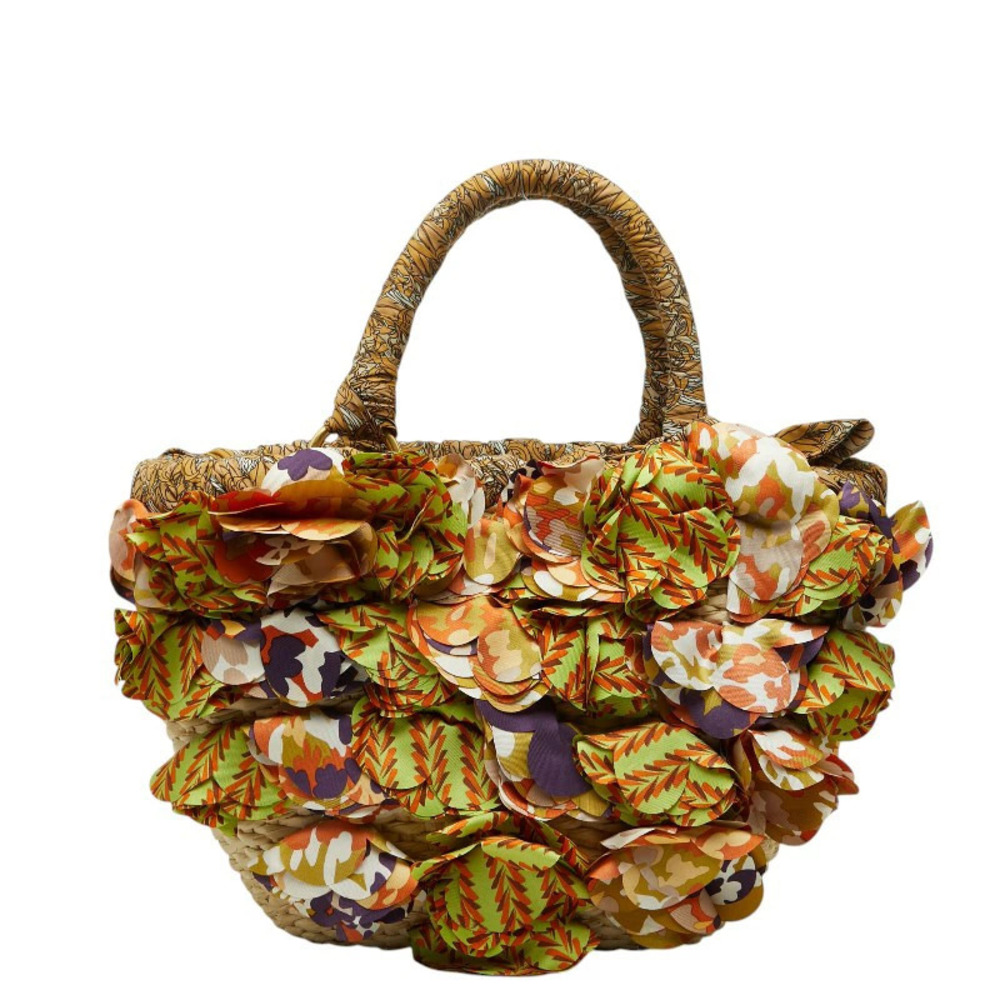 Prada Triangle Plate Raffia Basket Bag Handbag Multicolor